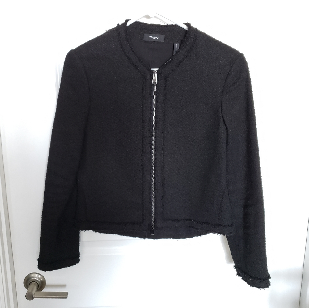 Theory Black Fringe Tweed Jacket Sz M
